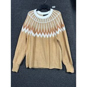 French Connection Essentials Knit Sweater Women’s Sz L Tan Fair Isle Long Sleeve